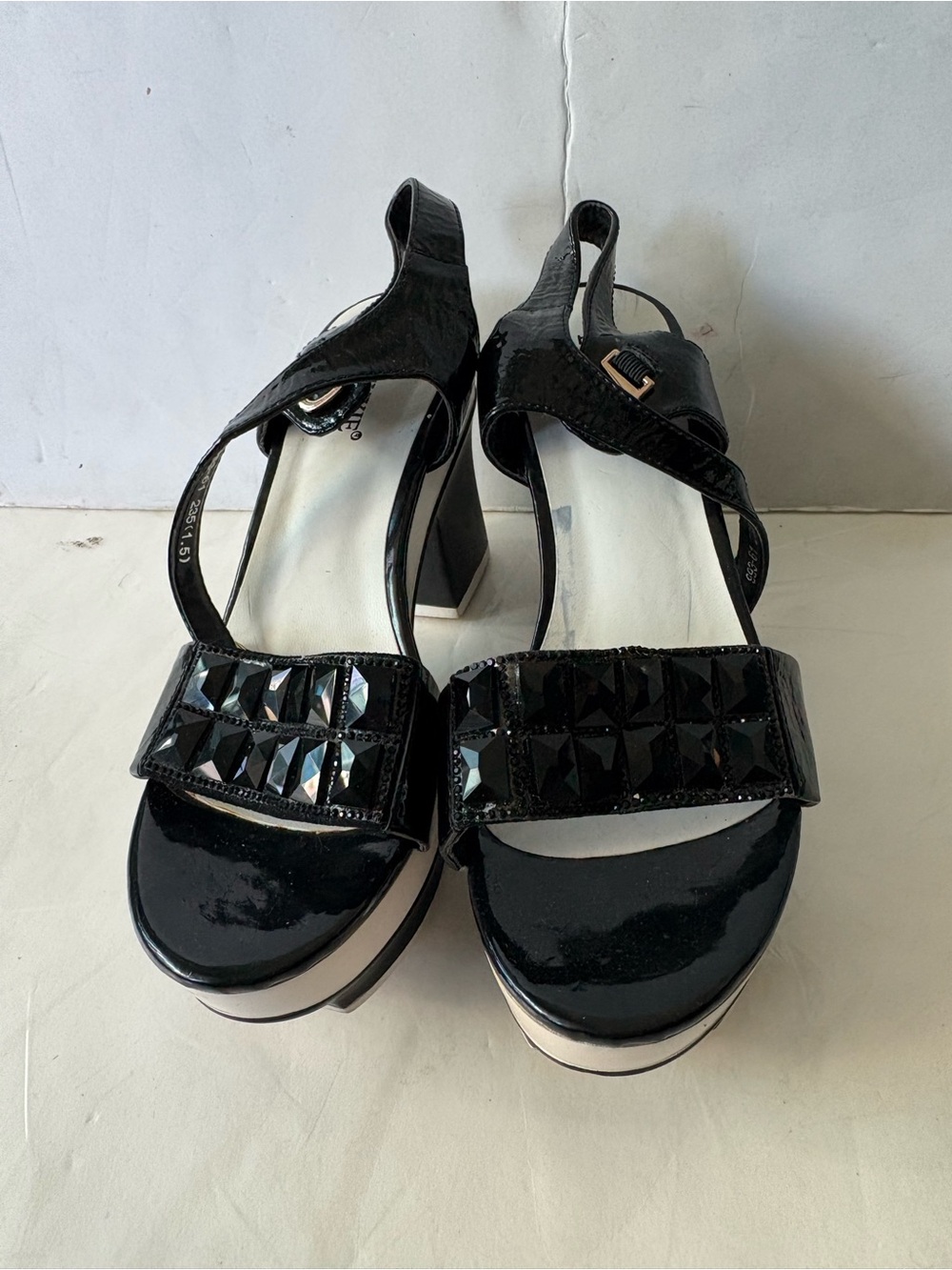 Black Patent Platform Sandals with Gem Embellishment